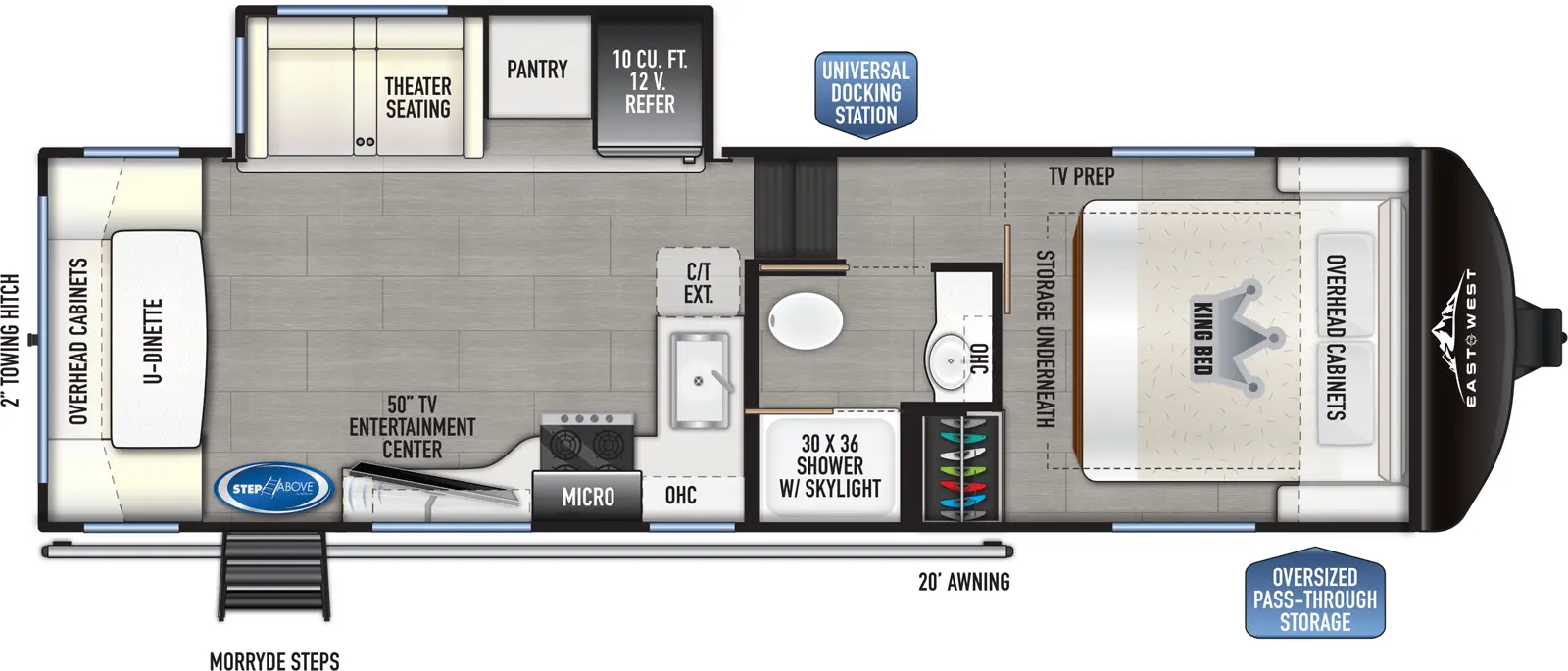 The 26RD has one slideout and one entry. Exterior features an oversized pass through storage, universal docking station, MORryde Steps, 20 foot awning, and 2 inch towing hitch. Interior layout front to back: foot-facing king bed with storage underneath, overhead cabinets, off-door side TV prep, and door side closet; door side full bathroom with overhead cabinet and shower with skylight; steps down to main living area; off-door side slideout with 12V refrigerator, pantry, and theater seating; kitchen counter with sink and extension wraps along inner wall to door side with cooktop, microwave, entertainment center with TV, and entry; rear u-dinette with overhead cabinets.